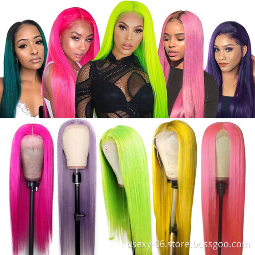 Colored Lace Front Human Hair Wigs Wholesale Brazilian Hair Pink Red Green Blue 99J Long Straight Lace Frontal Wig